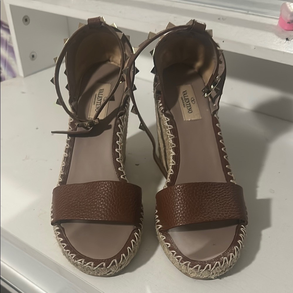 Valentino Brown Leather Wedge Sandals